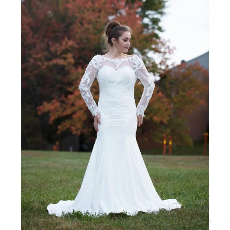 Boho Русалка Свадебные платья 2019 элегантные с длинным рукавом и круглым вырезом покрытые пуговицы Сердце Длинные свадебные платья Пляж Vestido