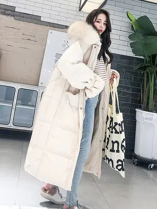 

2019 new fashion white big fur collar down jacket female models long section thick with loose over the knee multicolor wild coat