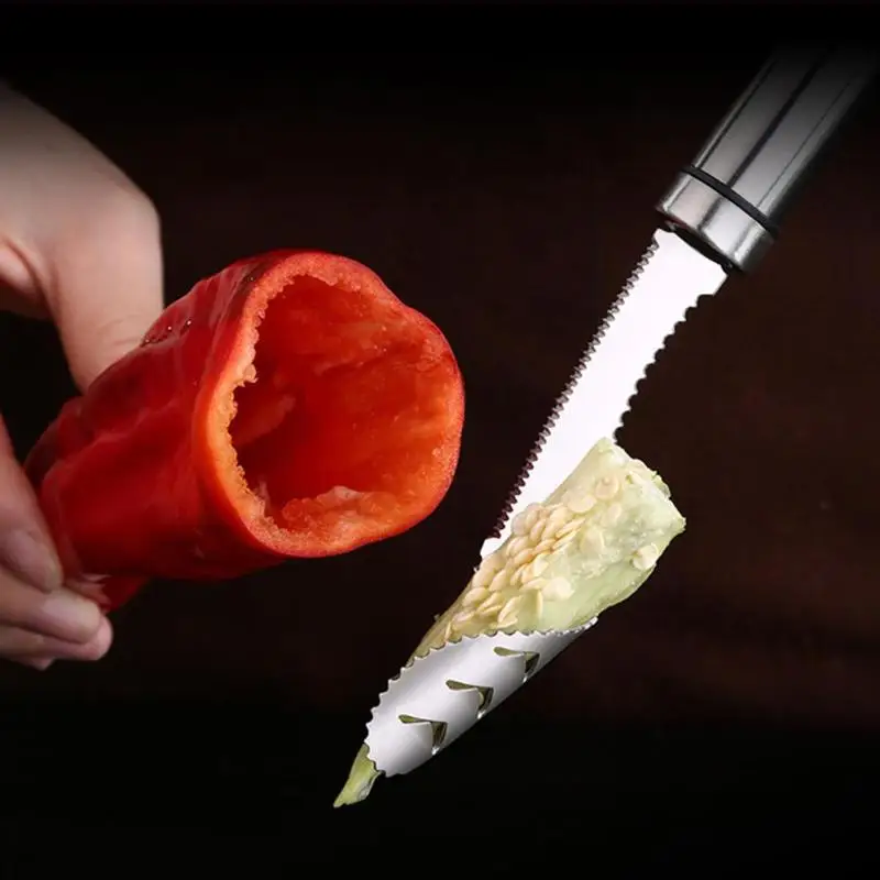 

Stainless Steel Curved Chili Corer Knife Seed Remover Cucumber Green Pepper Chilli Cutter Corer Slicer Kitchen Cooking Tools