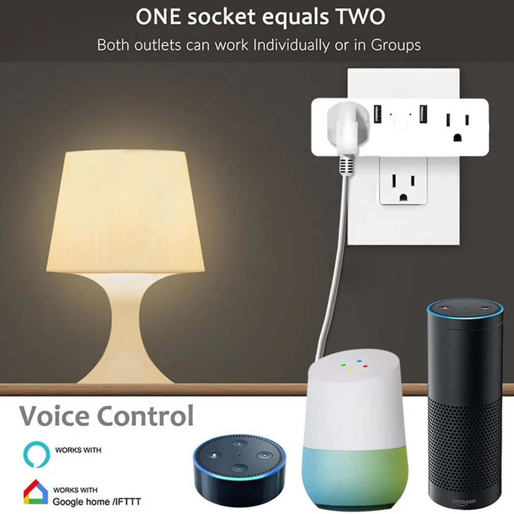 Wifi Smart Plug с двумя USB двухъядерный процессор дистанционное управление порты синхронизации розетка беспроводной выход Голосовое управление домашний помощник