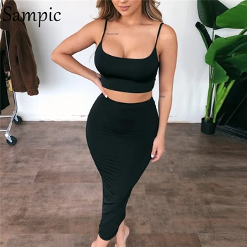 

Sampic Summer Beach Casual Two Piece Set Women Spaghetti Strap Camis Crop Tops And Midi Skirt Black Khaki Sexy Sundress