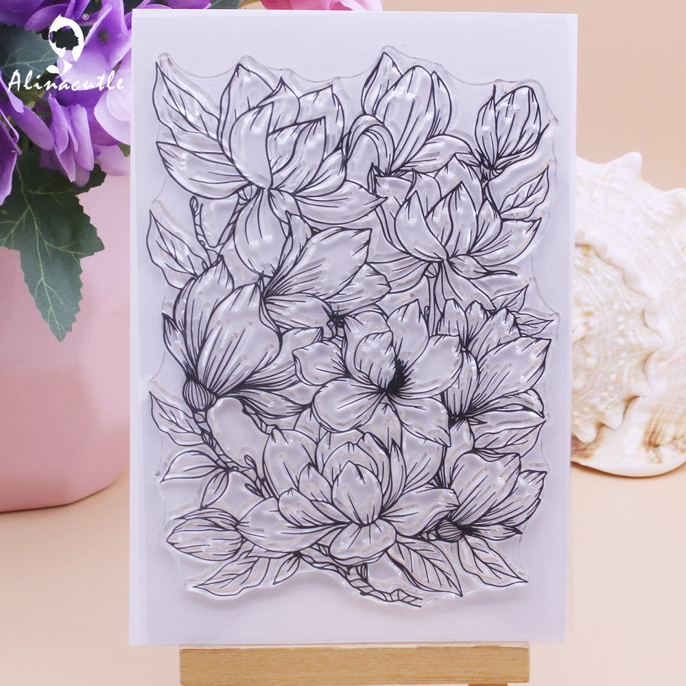 Clear stamps Alinacutle Clear Stamps Large Magnolia Bloom Floral DIY Scrapbooking Card Album Paper Craft Rubber Transparent Silicon Stamps