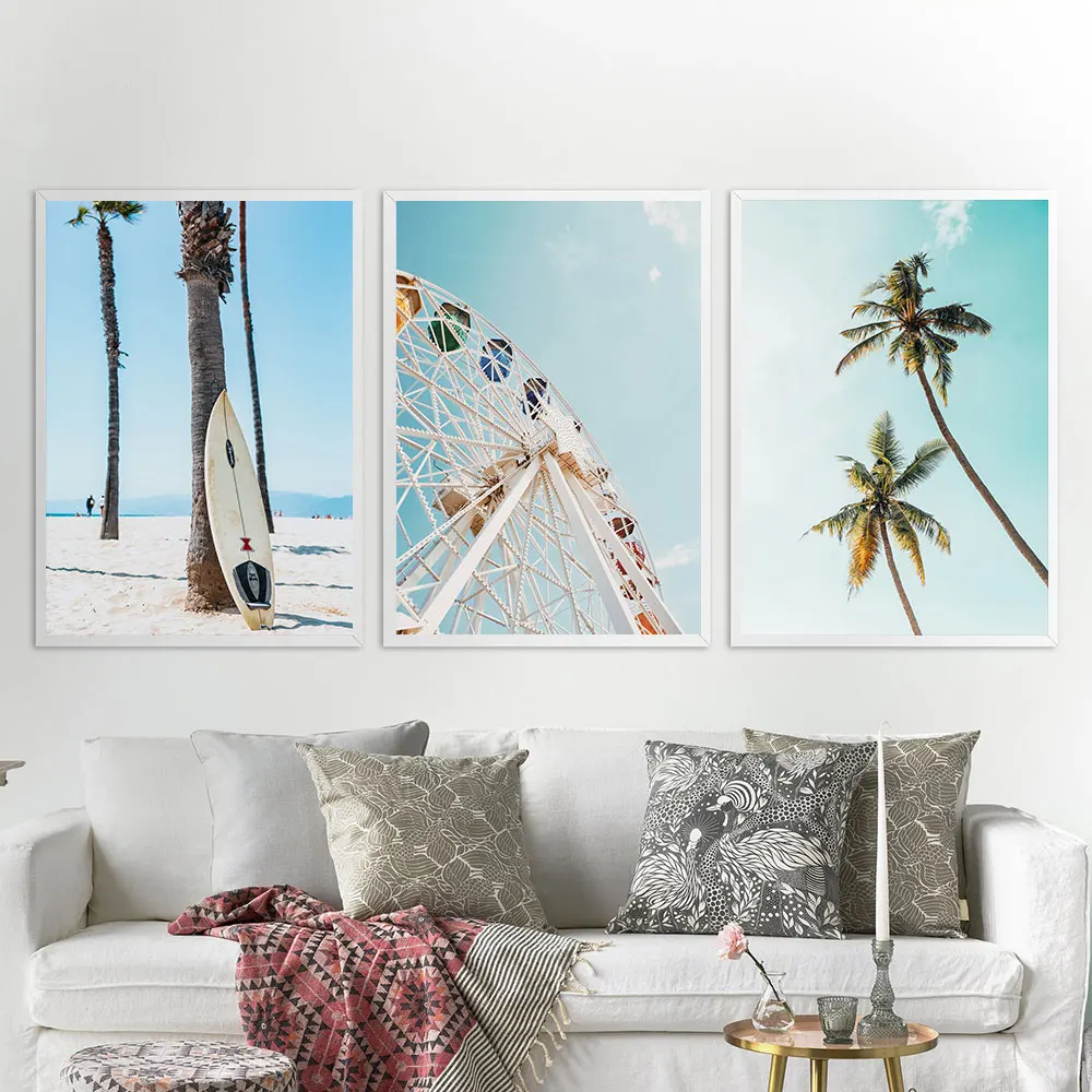 California-Beach-Van-Canvas-Painting-Ferris-Wheel-Print-Tropical-Palm-Poster-Pastel-Color-Wall-Art-Nordic
