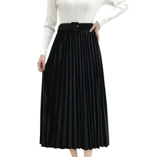 Новая Золотая Бархатная плиссированная юбка- юбка средней длины с высокой талией, однотонная тонкая элегантная плиссированная юбка