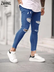 Pantalones vaqueros rotos para hombre, ropa de calle de algodón, de alta calidad, color azul