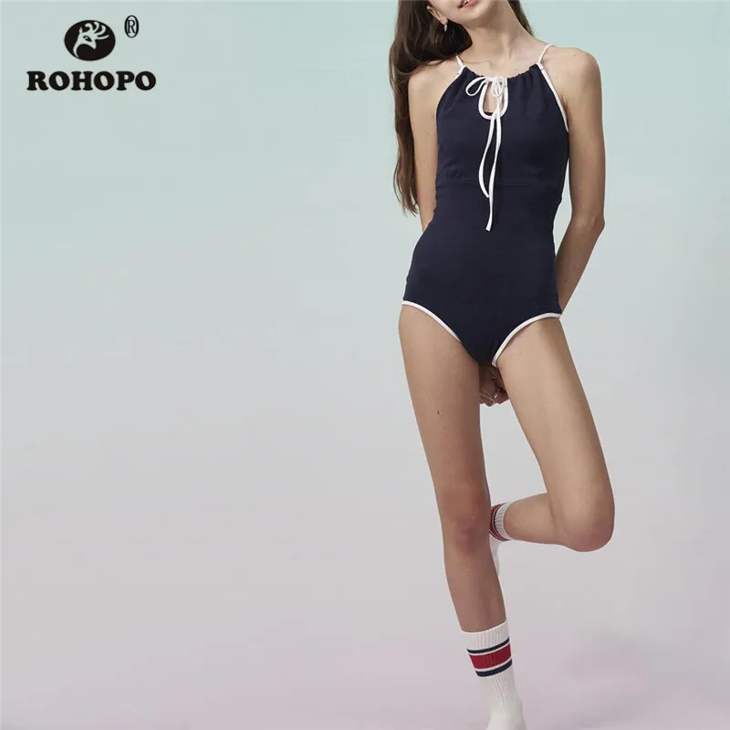 

ROHOPO Narrow Spaghetti Strap Tie Bust White Trimmed Navy Blue Cotton Bodysuit Streetwear Female Chic Solid Jersey Traje #254