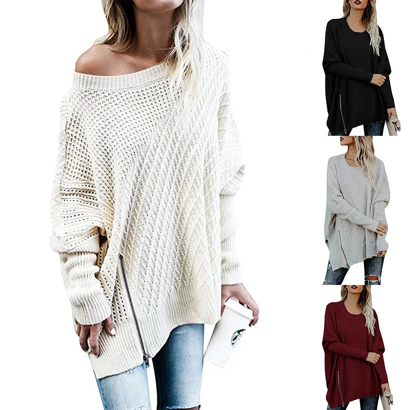 2020 Autumn New Fashion Solid Color Round Neck Pullover Bat Sleeve Large Size Long Knit Sweater Women Clothes JS0039 | Женская одежда