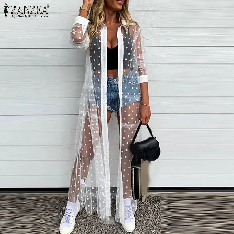 Al por menor Persona enferma Maduro ZANZEA Camisa larga Sexy para mujer, Rebeca de malla transparente con  lunares, Kimono de manga completa para vacaciones de verano, blusa Vintage  para fiesta|Shirt| - AliExpress