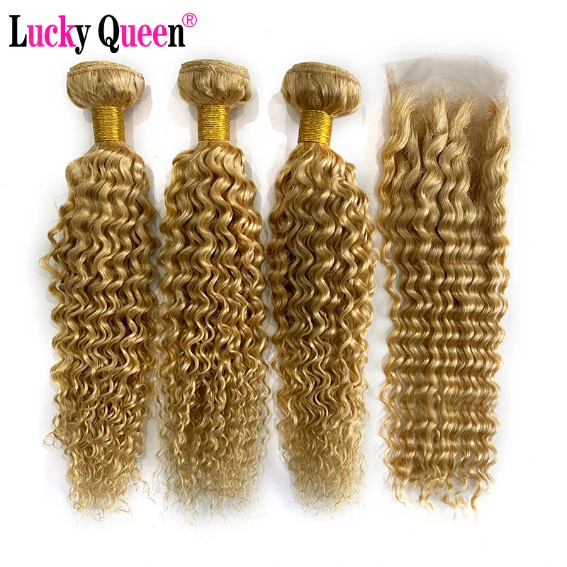

Deep Wave Blonde 613 Bundles With Closure Peruvian Human Hair Weave Bundles With Closure 4x4 Free Part Lucky Queen Remy Hair