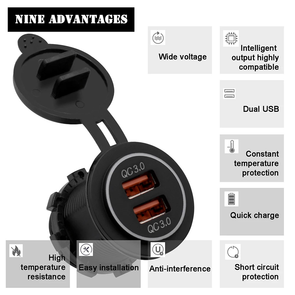 WUPP QC 3,0 Зарядное устройство 12V Dual USB Автомобильное зарядное устройство Зарядное устройство Водонепроницаемый авто зарядное устройство для Зарядное устройство с 2 портами USB для Ios и Android, Xiaomi samsung huawei заряда