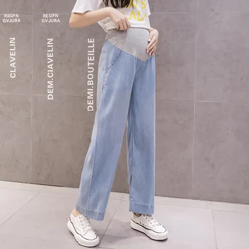 

2120# Summer Thin Tencel Denim Maternity Jeans High Waist Belly Long Pants for Pregnant Women Soft Pregnancy Loose Trousers