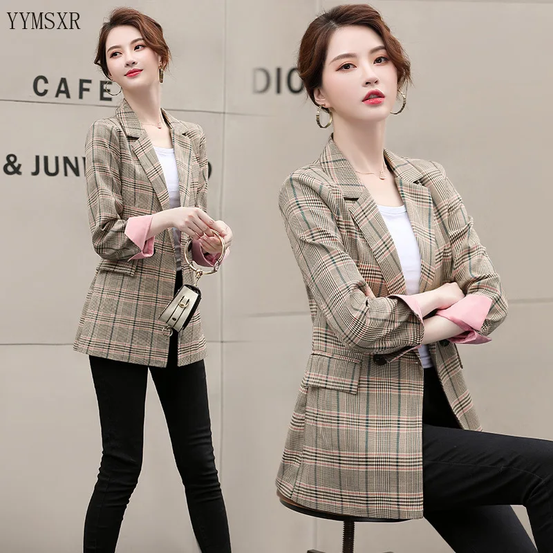 Buy Casual high quality fabric autumn and winter ladies jacket feminine small suit 2020 Korean New Slim Plaid Women's Blazer Coat