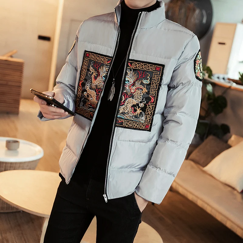 

Fashion Embroidered Bomber Jacket Coat Manteau Homme Hiver Winterjas Heren Chinese Style Embroidery Bomber Jackets Men Keep Warm