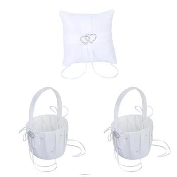 

2 Piece White Flower Girl Basket Crystal Rhinestone Decor and 1 piece Bag ring cushions 10 cm x 10 cm Double Heart Rhinestone We