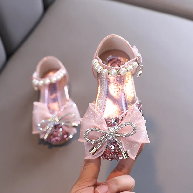 Kids Girls Sequin Princess Shoes Children Flat Party Pearl Sandals Size 6.5-10.5 