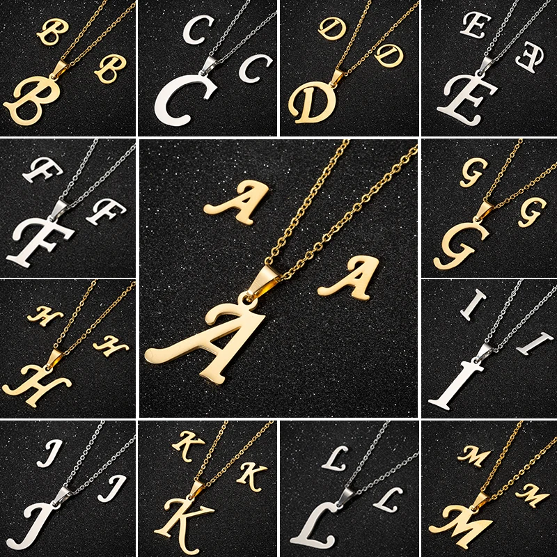 Gold Initial Letter Necklace For Women Az Alphabet Pendant Stainless