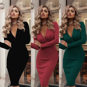 

Sexy Women Bandage Bodycon Silm Fit Dress Office Ladies OL Long Sleeve V Neck Eveing Party Midi Dresses