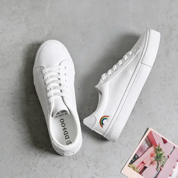 

Women Leather Shoes 2020 New Rainbow Flats Sneakers Female Fashion Casual Personality White E0-01