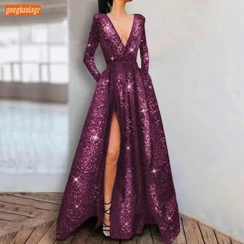 

Sparkly Fuchsia Evening Gowns Long Sleeves Sequined Side Split V Neck Women Evening Dress Reflective A Line Party Formal Dresses