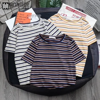 

Duckwaver Summer Women Minimalist Striped T Shirt Spoof Personality Sweet O-neck Short Sleeve Basic T-shirts Female Vogue Tops