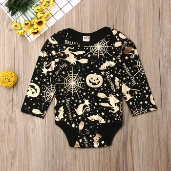 

Pudcoco Newborn Baby Boy Girl Clothes Gold Halloween Print Long Sleeve Cotton Romper One-Piece Outfit Halloween Clothes Set