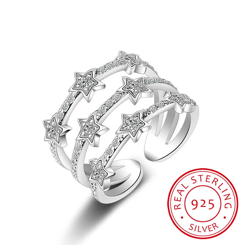 925 Sterling Silver Rings silver rings silver ring Multi-Layer CZ Zirconia Star Adjustable For Women anillos Resizable Rings Bague S-R176