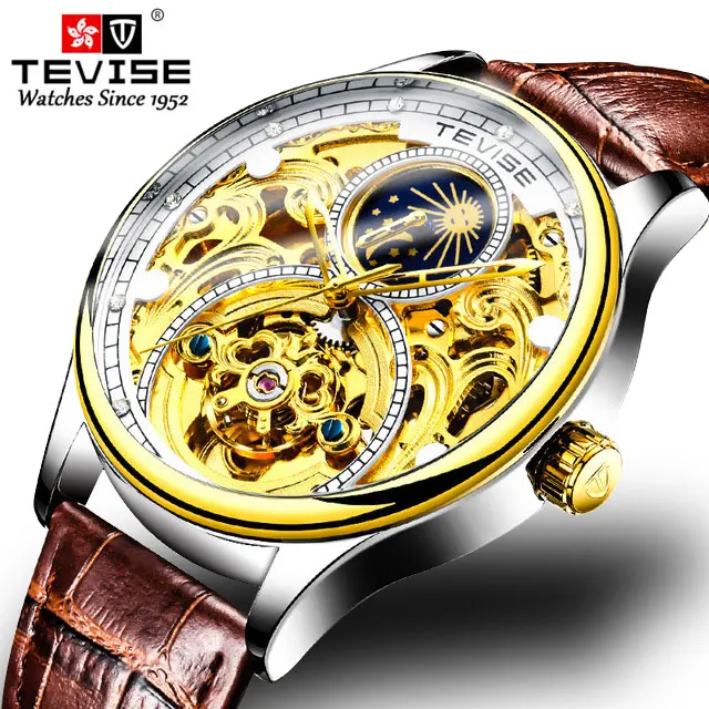 

TEVISE Men's Watches Skeleton Automatic Mechanical Watch Casual Leather Strap Moon Phase Sport Male Clock Relojes Para Hombre