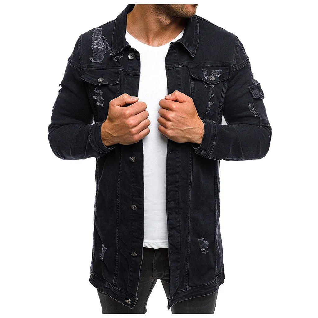 

men jacket Long Sleeve Hole Lapel Pocket Fashion 2019 Denim Jacket Retro Top Streetwear windbreaker casacas para hombre chaqueta