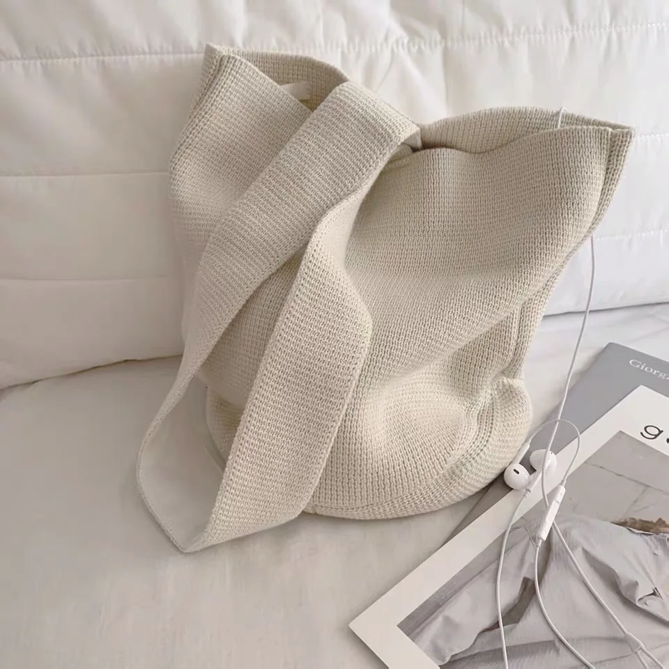 

Korean-style CHIC Simple Solid Color Yarn Knitted Bag Shoulder Bag Carrying Bucket Bag Women's