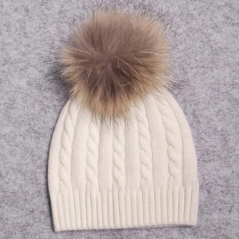 soft white Мягкие шерстяные теплые брендовые зимние шапки с помпоном из натурального меха для маленьких девочек, детские зимние вязаные шапочки, шапка с меховым помпоном и шапки - Цвет: soft white