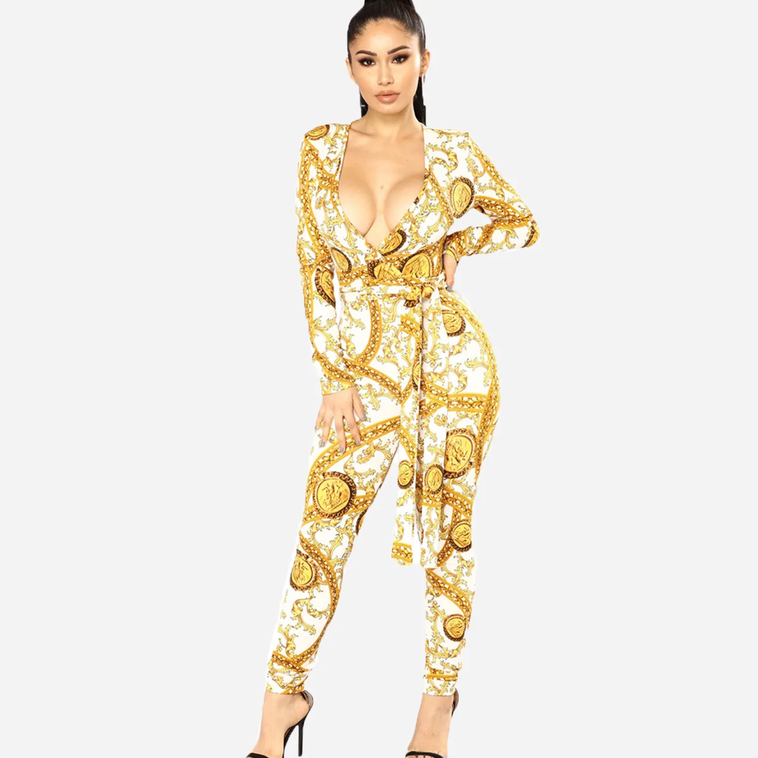 

2019 fashion's new cross-border digital print v-neck for women, sexy nightclub jumpsuits