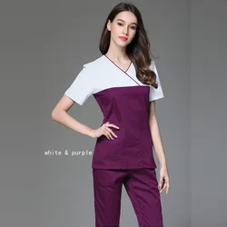Women New Scrub Set Blocking Color Nursing Uniforms Cross Collar Scrub Top Mock Wrap Spa Workwear Short Sleeve Medical Bottoms