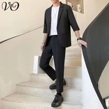 Mature style seven point sleeve casual suit men's suit summer thin Korean loose medium sleeve men's suit two-piece set