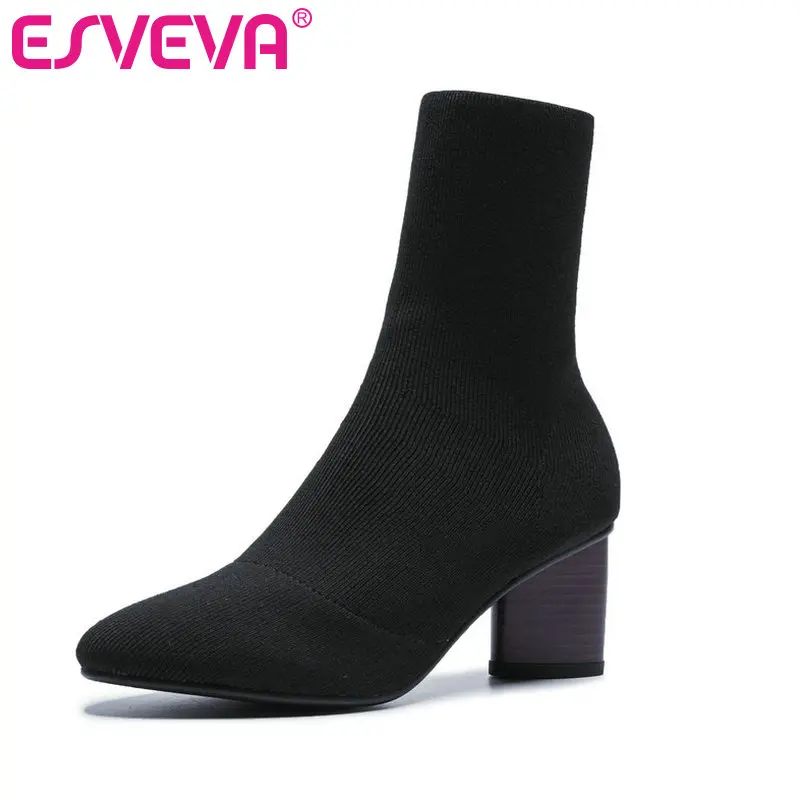 

ESVEVA 2020 Women Shoes Winter Ankle Boots Square High Heel Pointed Toe Elegant Knitting Motorcycle Platform Boots Size 34-39