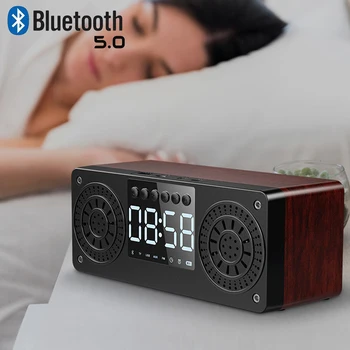 

Wooden Bluetooth 5.0 Speaker Portable FM Radio with LED Display Support TF Card U Disk AUX Play Custom Alarm Clock Settings