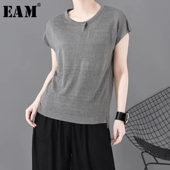 

[EAM] Women Gray Split Joint Knitting Thin Temperament T-shirt New Round Neck Long Sleeve Fashion Tide Spring Summer 2020 1S772