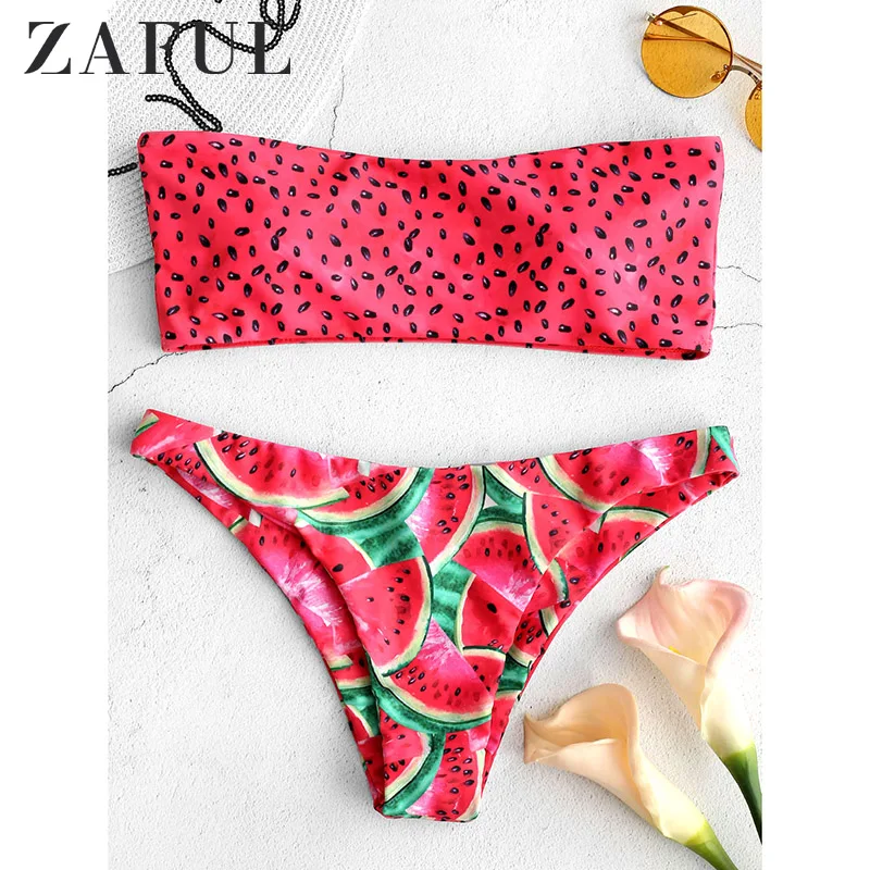 New Product  ZAFUL Watermelon Bandeau Bikini Set Siwmwear Women High Waisted Swimsuit Sexy Padded Fruit Watermel