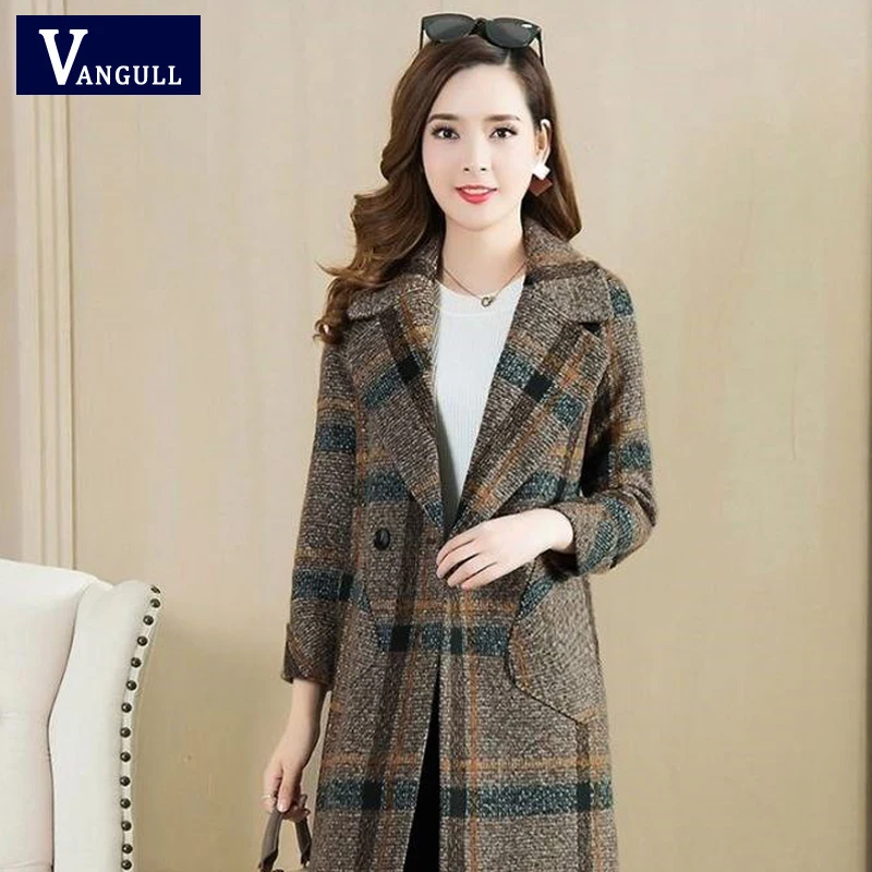 

Vangull Plaid Woolen Coats Suit Collar Double Breasted Slim Fashion Thick Warm Coats Autumn Winter Elegant Pockets Long Outwears