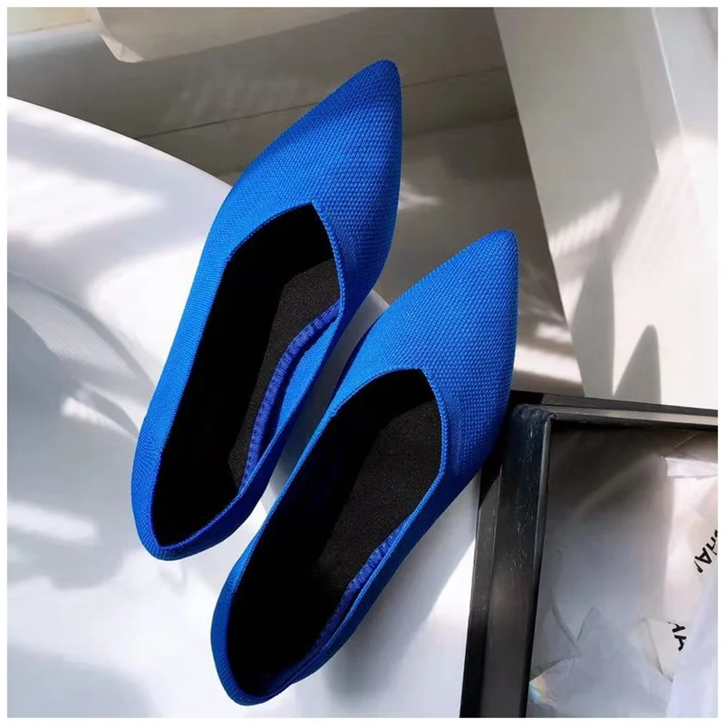 SUOJIALUN/Женская обувь на плоской подошве; Дышащие Трикотажные Лоферы без застежек; модная женская повседневная обувь на плоской подошве с острым носком и узким эластичным верхом - Цвет: blue 1
