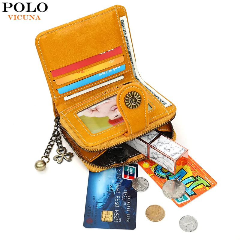 

VICUNA POLO Vintage Short Design Waxy Oil Leather Girls Wallet Card Holder Clutch Wallet For Women carteras para mujer New