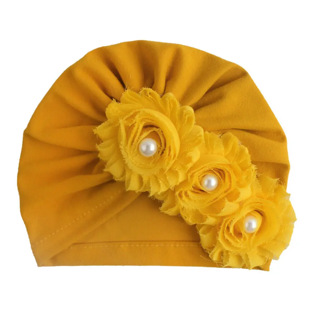 Детские аксессуары для новорожденных девочек и мальчиков с жемчугом 3D Цветочный Цветок хлопок детская шапка Теплый головной убор шляпа - Цвет: Цвет: желтый