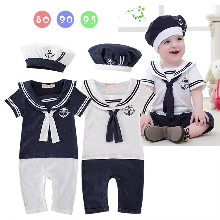 

Hai jun kuan Infant Childrenswear Summer Short Sleeved Kazakhstan Neckerchief Fold-down Collar Onesie/Crawling Clothes with Cap