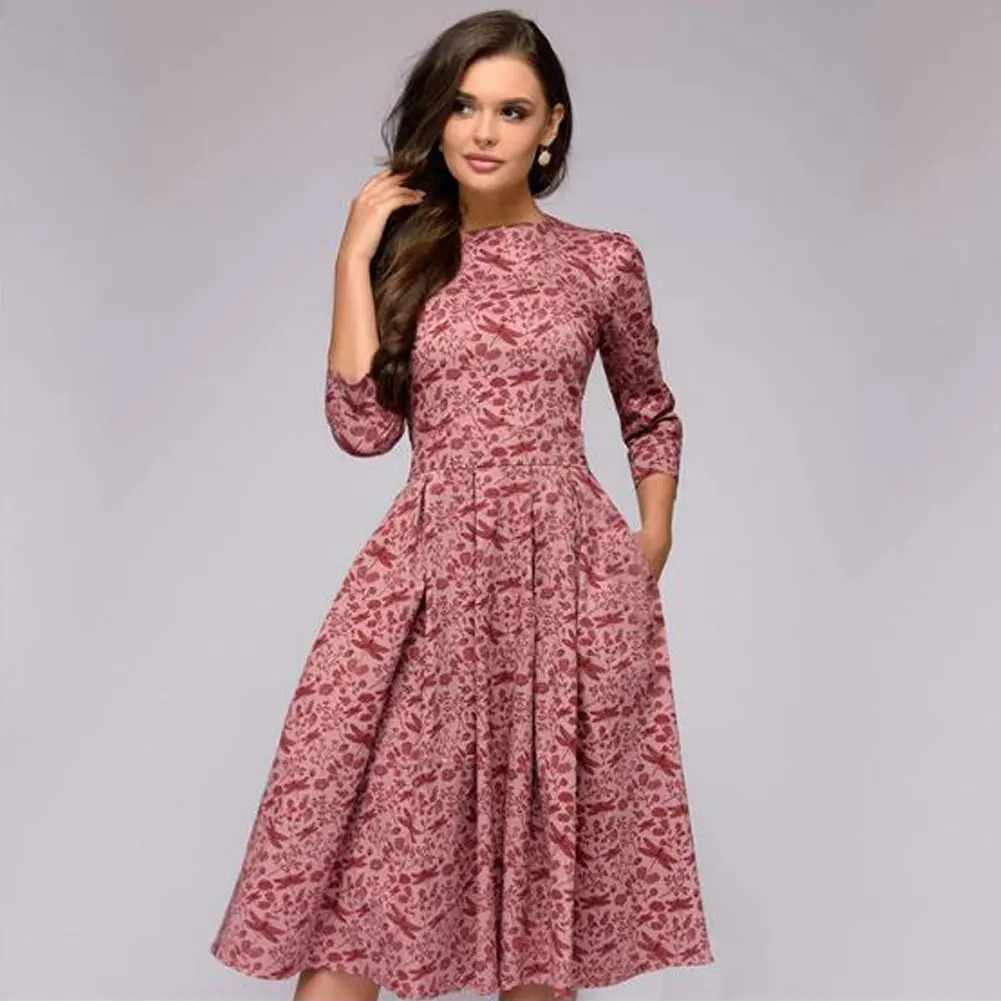 Vintage pleated tunic print dress women Elegant ladies A line dresses ...