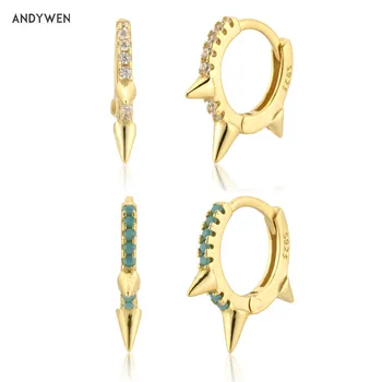 ANDYWEN 925 Sterling Silver 7.3mm Spike Pave Huggie Earrings Mini Hoops Women Crystal Luxury Circle Ring Loops Jewelry