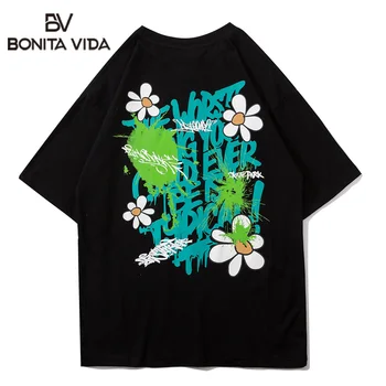 

Bonita Vida Harajuku Daisy Graffiti Print Tshirts Hip Hop Mens Summer Streetwear Tees Shirts Casual Short Sleeve Male Tops