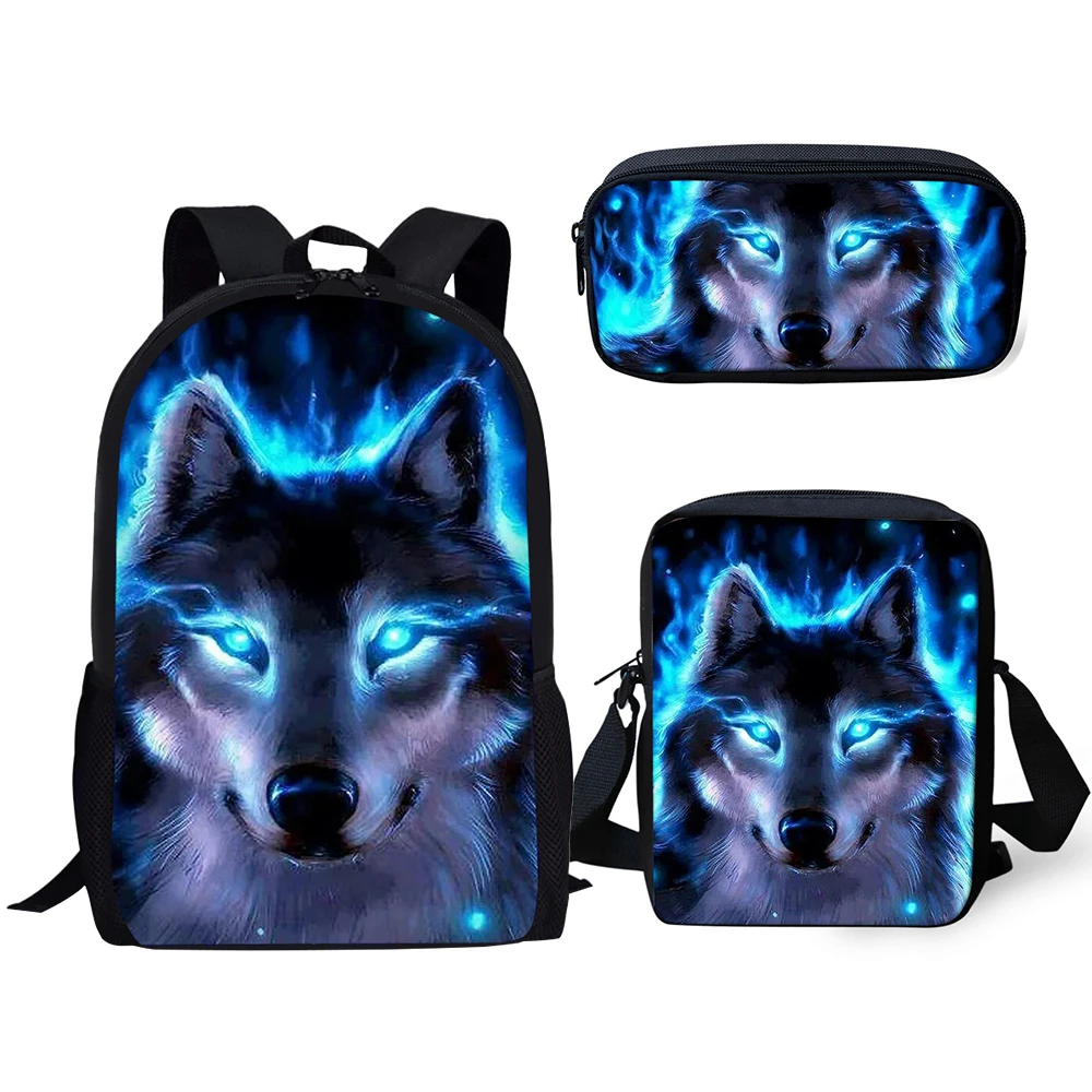 

HaoYun Kids Backpacks Set Fantasy Wolf Pattern School Book Bags Cartoon Animal Students 3PCs/Set Backpack/Flaps Bag/Pen Bags