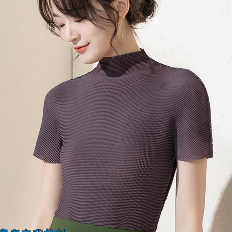 

PY2019 New summer style Chiffon Micro penetration High collar Short sleeve Women's T-shirt