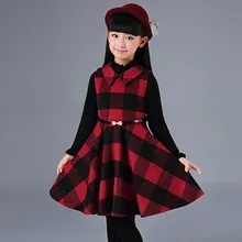 Платья без рукавов для девочек; осень г.; Клетчатая Шерстяная Одежда; детское Повседневное платье