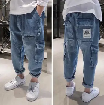 

Jeans trousers autumn boy cowboy big boy loose harem pants autumn and winter children's multi-pocket trousers 4-12 years old