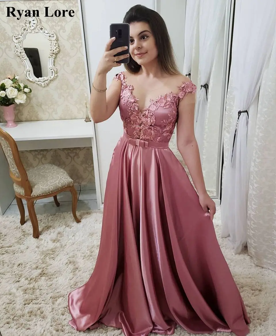 

Pink Evening Dresses 2020 Formal Party Long robe de soiree Illusion Short Sleeves Prom Gowns Appliques Satin vestido de noiva